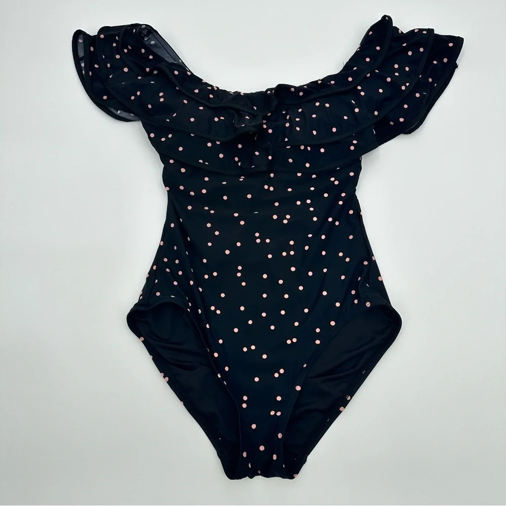 Kate Spade Polka Dot One-Piece Swimsuit With‎ Ruffle Off-Shoulder Design Size XS